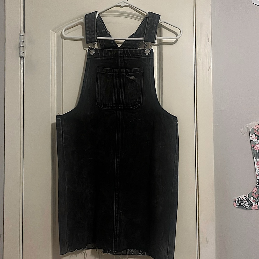 Wild Fable Pinafore Medium Distressed Denim Jean Overall Dress Skirt Frayed Hem